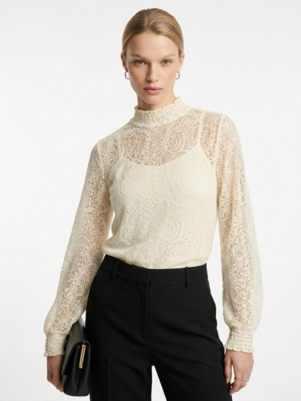 Cable & Gauge Cream Lace High Neck Long Sleeve Top